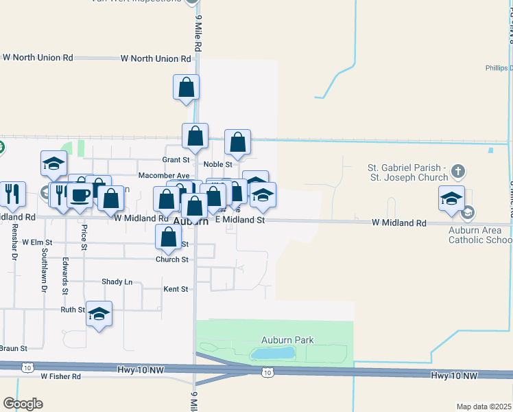 map of restaurants, bars, coffee shops, grocery stores, and more near 301 East Midland Street in Auburn