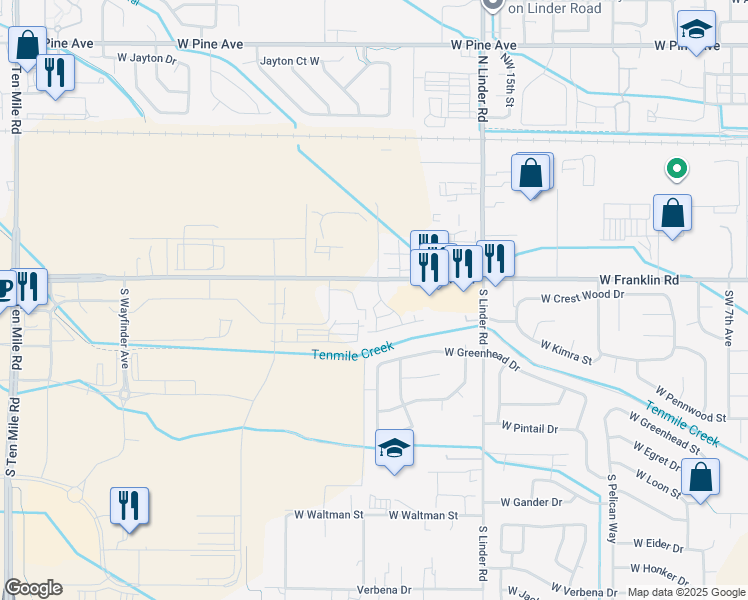 map of restaurants, bars, coffee shops, grocery stores, and more near 1969 West Franklin Road in Meridian