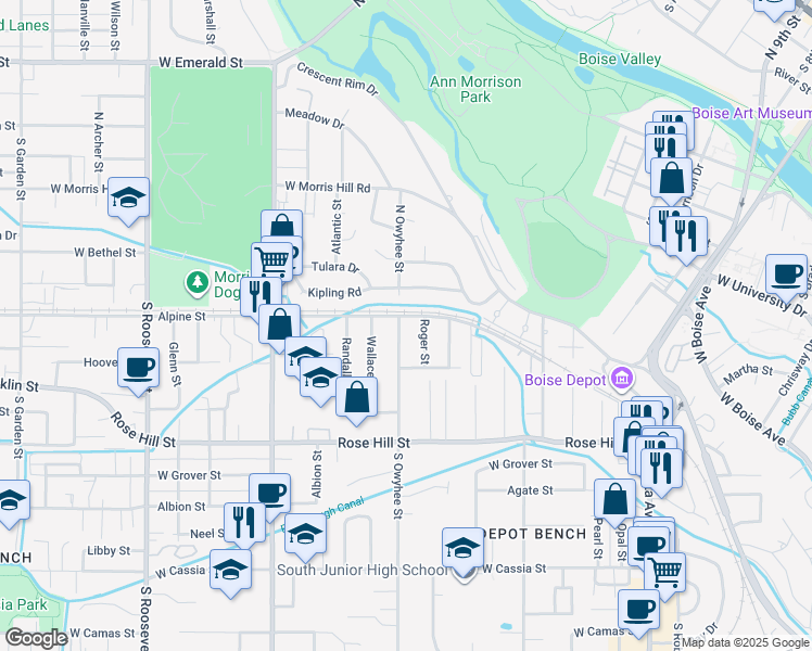 map of restaurants, bars, coffee shops, grocery stores, and more near 6 South Owyhee Street in Boise