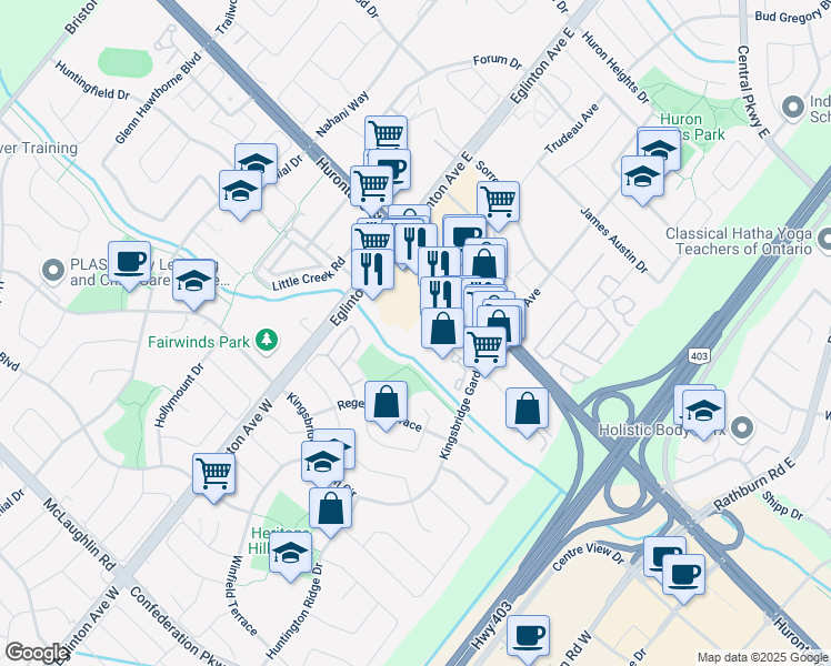 map of restaurants, bars, coffee shops, grocery stores, and more near 45 Kingsbridge Garden Circle in Mississauga