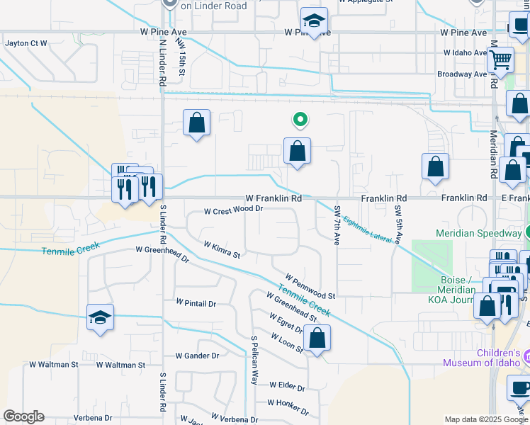 map of restaurants, bars, coffee shops, grocery stores, and more near 1105 West Crest Wood Drive in Meridian