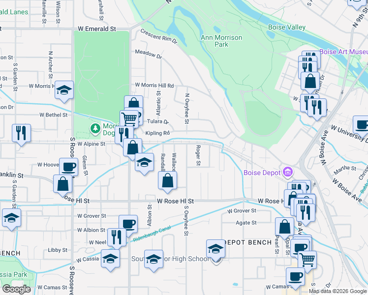 map of restaurants, bars, coffee shops, grocery stores, and more near 20 Wallace Street in Boise