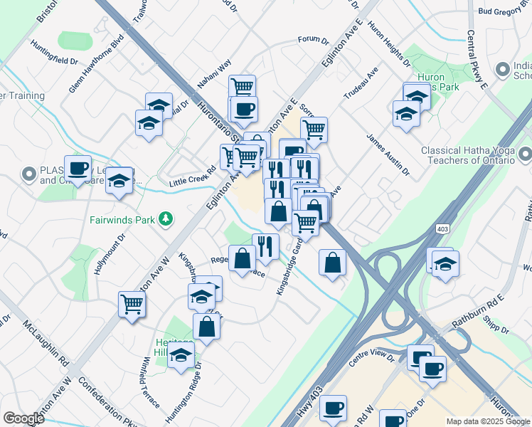 map of restaurants, bars, coffee shops, grocery stores, and more near 45 Kingsbridge Garden Circle in Mississauga