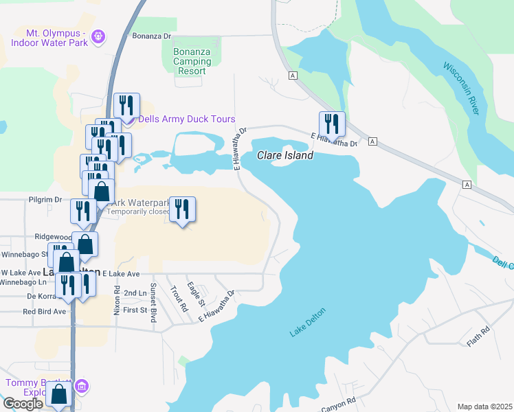 map of restaurants, bars, coffee shops, grocery stores, and more near 881 East Hiawatha Drive in Wisconsin Dells