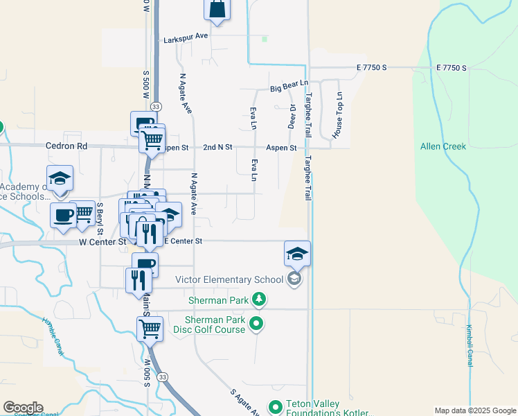 map of restaurants, bars, coffee shops, grocery stores, and more near 61 Eva Lane in Victor