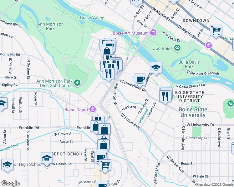 map of restaurants, bars, coffee shops, grocery stores, and more near 2580 West Boise Avenue in Boise