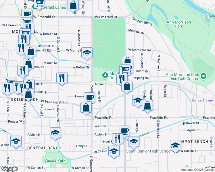 map of restaurants, bars, coffee shops, grocery stores, and more near 101 Stapleton Lane in Boise