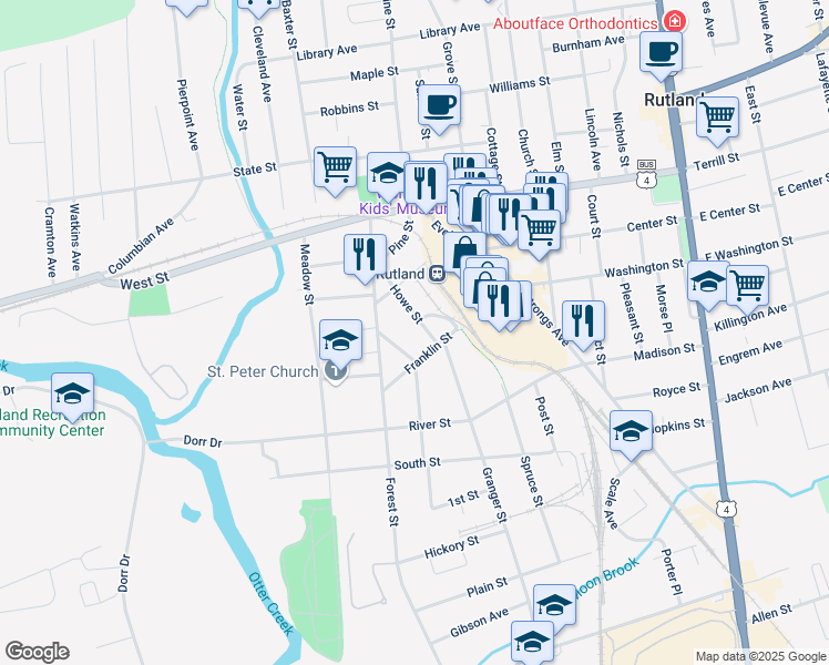 map of restaurants, bars, coffee shops, grocery stores, and more near 95 Franklin Street in Rutland