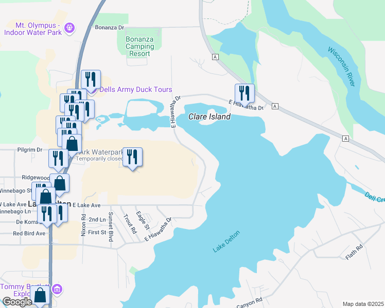 map of restaurants, bars, coffee shops, grocery stores, and more near 881 East Hiawatha Drive in Wisconsin Dells