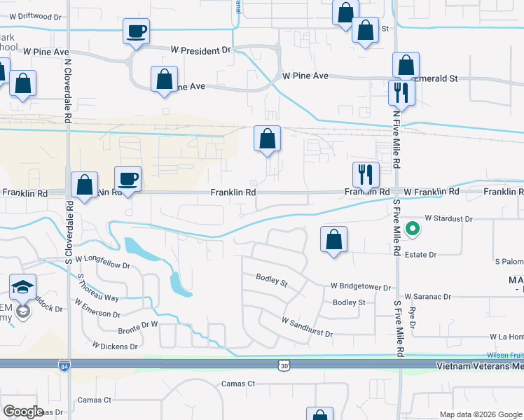map of restaurants, bars, coffee shops, grocery stores, and more near 11281 West Red Maple Court in Boise