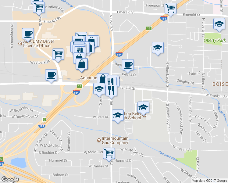 map of restaurants, bars, coffee shops, grocery stores, and more near 7373 West Franklin Road in Boise