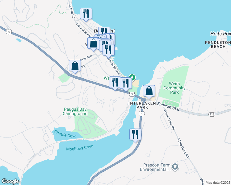 map of restaurants, bars, coffee shops, grocery stores, and more near 70 Endicott Street North in Laconia