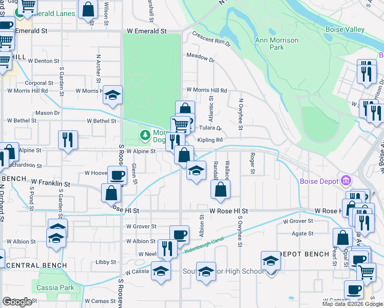map of restaurants, bars, coffee shops, grocery stores, and more near 39 Leona Circle in Boise