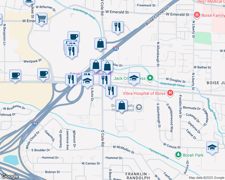 map of restaurants, bars, coffee shops, grocery stores, and more near 92 South Cole Road in Boise