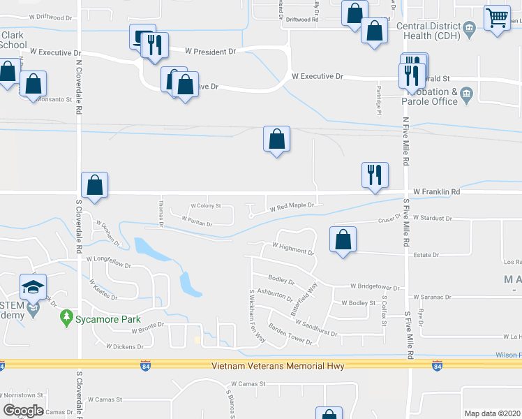 map of restaurants, bars, coffee shops, grocery stores, and more near 11281 West Red Maple Court in Boise