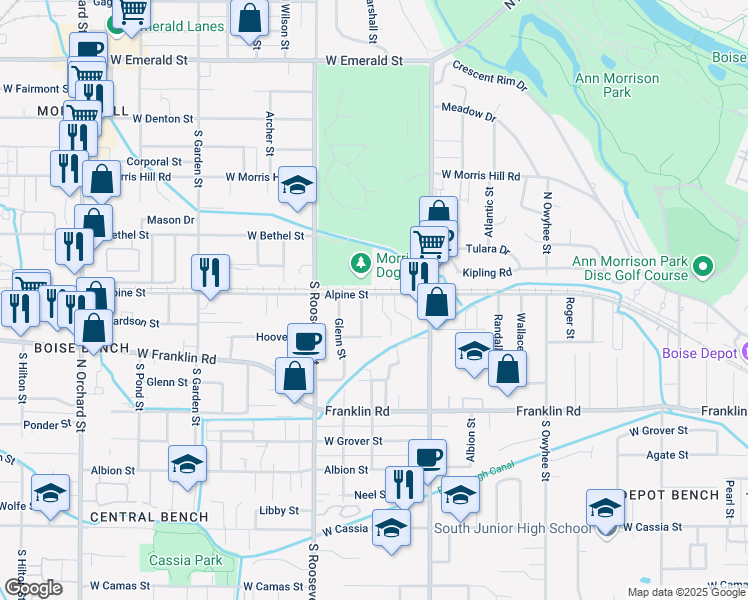 map of restaurants, bars, coffee shops, grocery stores, and more near 3933 West Alpine Street in Boise