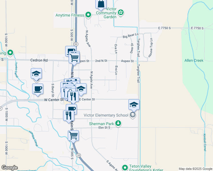 map of restaurants, bars, coffee shops, grocery stores, and more near 173 East Center Street in Victor