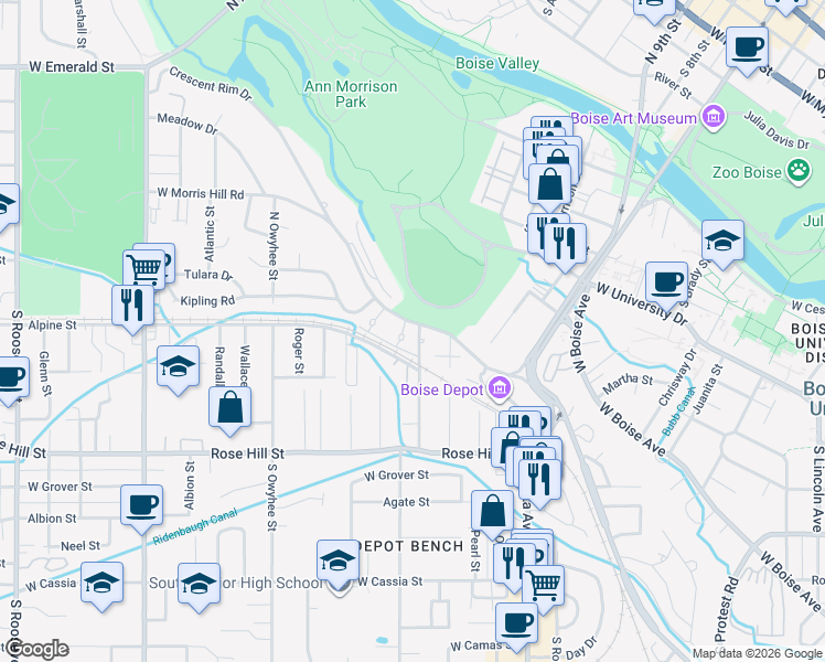 map of restaurants, bars, coffee shops, grocery stores, and more near 115 Dot Street in Boise