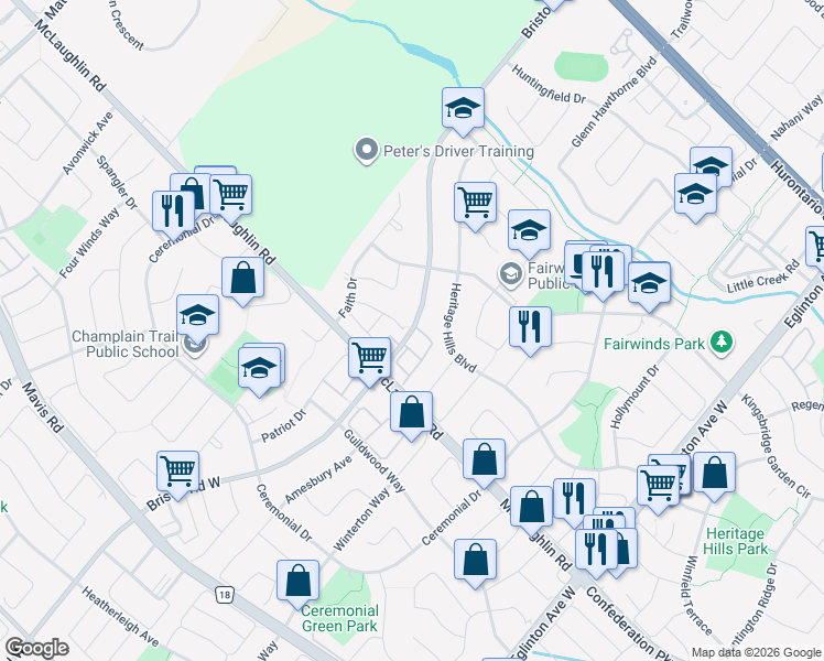 map of restaurants, bars, coffee shops, grocery stores, and more near in Mississauga