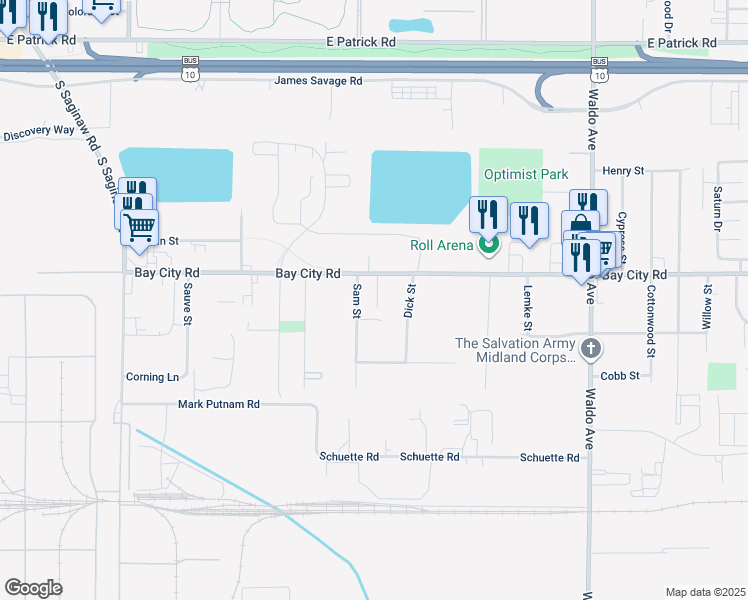 map of restaurants, bars, coffee shops, grocery stores, and more near 2514 Bay City Road in Midland