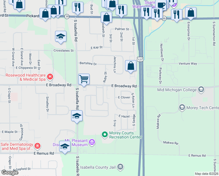 map of restaurants, bars, coffee shops, grocery stores, and more near 2500-2568 South Crossway Lane in Mount Pleasant