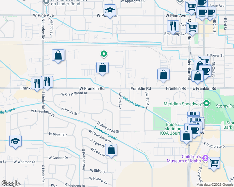 map of restaurants, bars, coffee shops, grocery stores, and more near 53 Southwest 7th Avenue in Meridian
