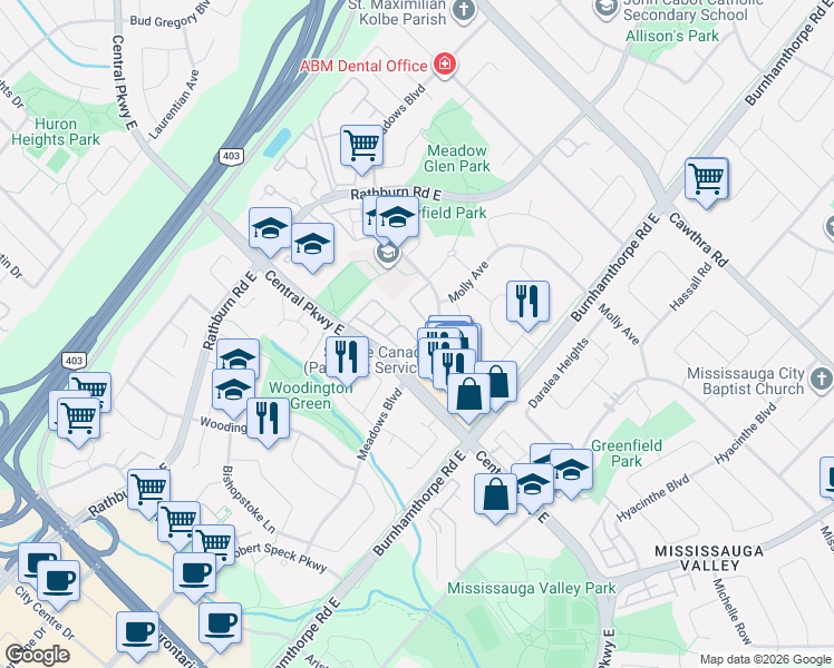map of restaurants, bars, coffee shops, grocery stores, and more near 335 Meadows Boulevard in Mississauga