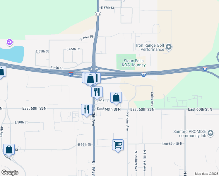 map of restaurants, bars, coffee shops, grocery stores, and more near 1308 East 61st Street in Sioux Falls