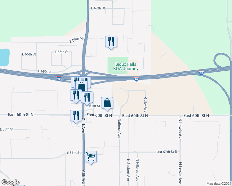 map of restaurants, bars, coffee shops, grocery stores, and more near 1511 East 63rd Street North in Sioux Falls