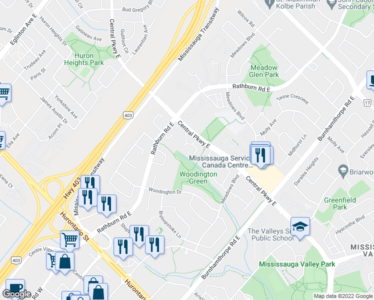 map of restaurants, bars, coffee shops, grocery stores, and more near 298 Fredericksburg Court in Mississauga