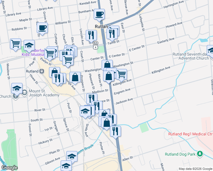 map of restaurants, bars, coffee shops, grocery stores, and more near 8 Madison Street in Rutland