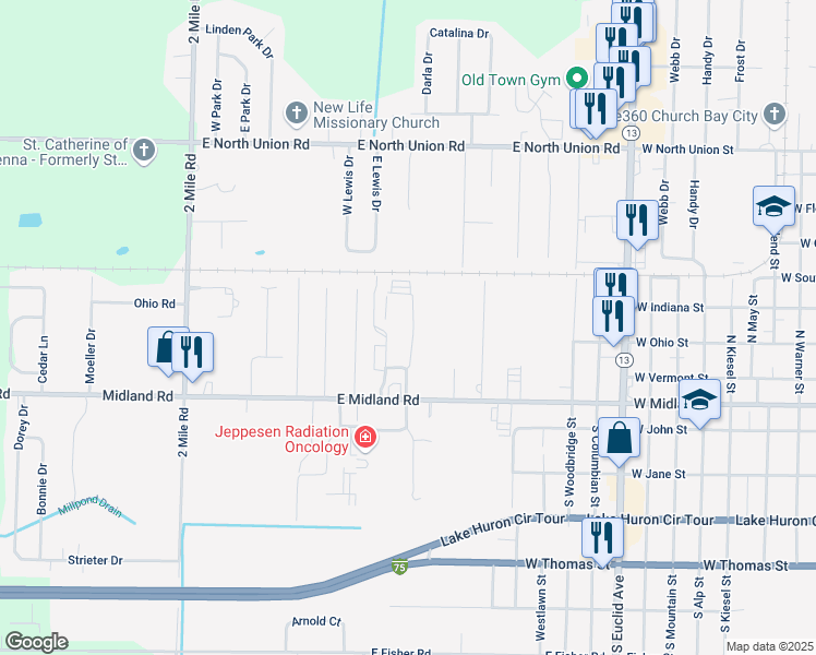 map of restaurants, bars, coffee shops, grocery stores, and more near 4700 Foxpointe Drive in Bay City