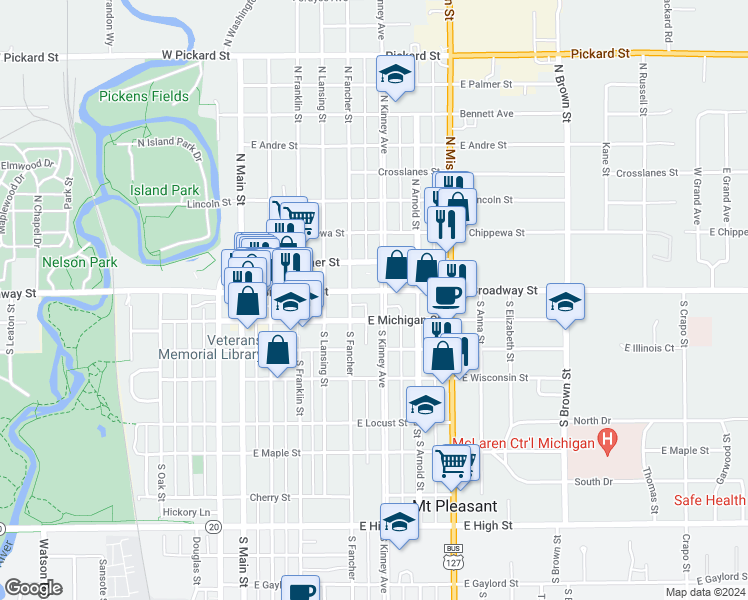 map of restaurants, bars, coffee shops, grocery stores, and more near 552 East Michigan Street in Mount Pleasant