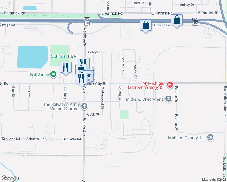 map of restaurants, bars, coffee shops, grocery stores, and more near 3613 Beech Street in Midland