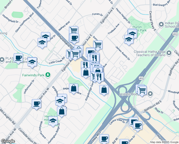 map of restaurants, bars, coffee shops, grocery stores, and more near 25 Kingsbridge Garden Circle in Mississauga