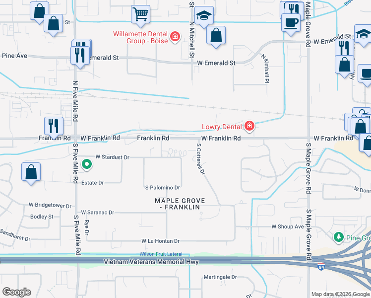 map of restaurants, bars, coffee shops, grocery stores, and more near 9901 West Stardust Drive in Boise