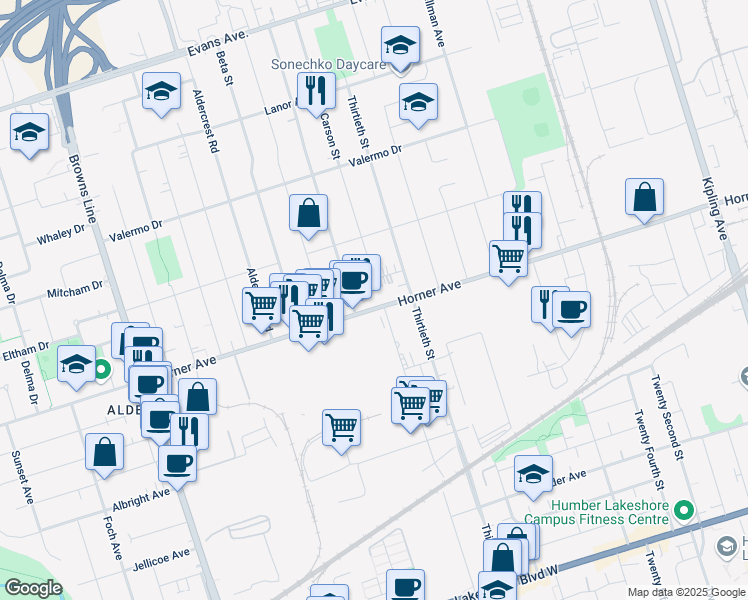 map of restaurants, bars, coffee shops, grocery stores, and more near 408 Horner Avenue in Toronto