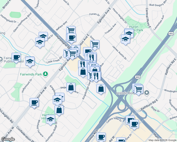 map of restaurants, bars, coffee shops, grocery stores, and more near 25 Kingsbridge Garden Circle in Mississauga