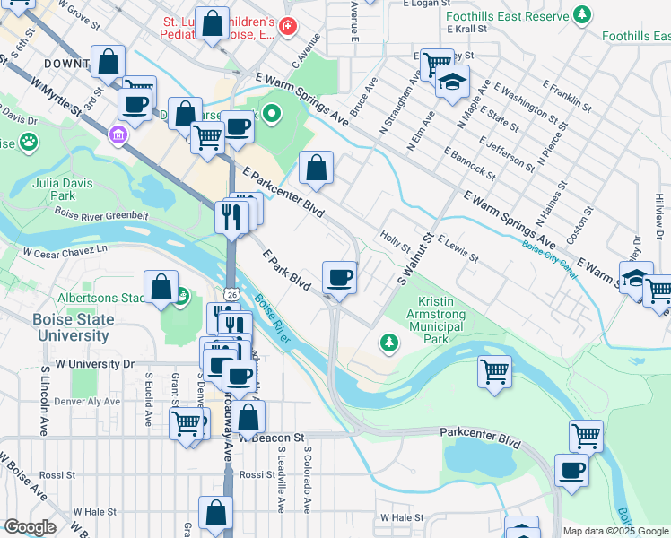 map of restaurants, bars, coffee shops, grocery stores, and more near Morrison Knudsen Plaza Drive in Boise