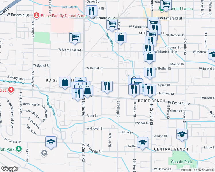 map of restaurants, bars, coffee shops, grocery stores, and more near 15 N Phillippi St in Boise