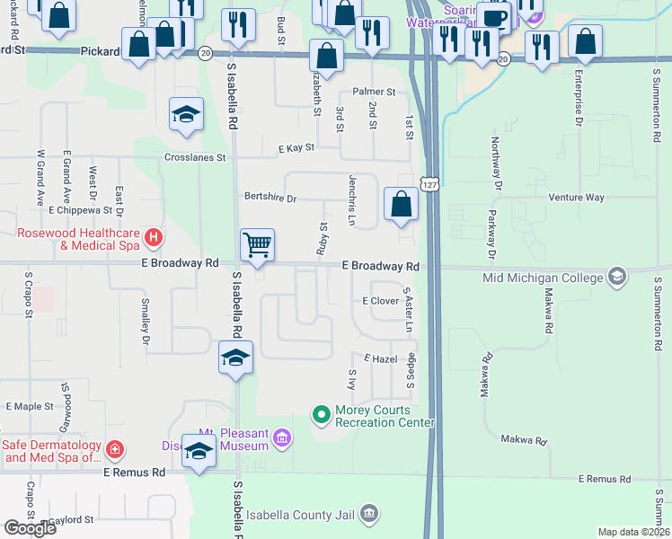map of restaurants, bars, coffee shops, grocery stores, and more near 5261-5311 E Broadway Rd in Mt Pleasant
