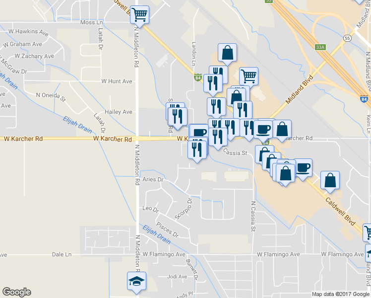 map of restaurants, bars, coffee shops, grocery stores, and more near 2201 West Karcher Road in Nampa