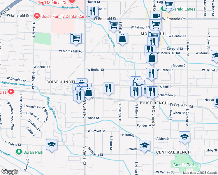 map of restaurants, bars, coffee shops, grocery stores, and more near 15 N Phillippi St in Boise