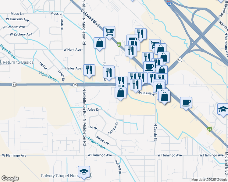 map of restaurants, bars, coffee shops, grocery stores, and more near 2201 West Karcher Road in Nampa