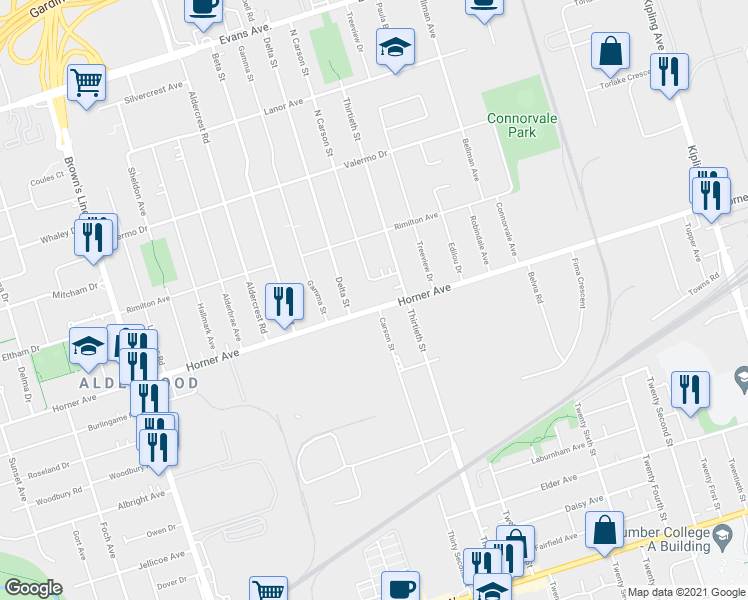 map of restaurants, bars, coffee shops, grocery stores, and more near 406 Horner Avenue in Toronto