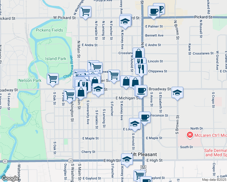 map of restaurants, bars, coffee shops, grocery stores, and more near 113 North Fancher Street in Mount Pleasant