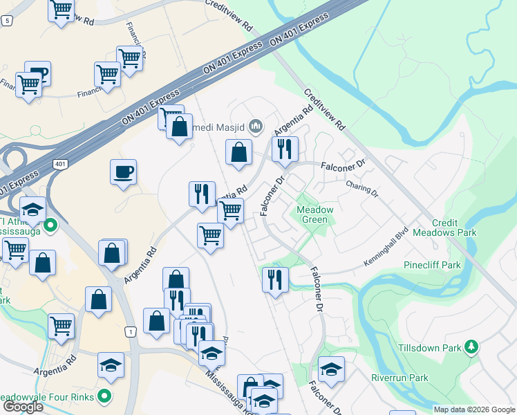 map of restaurants, bars, coffee shops, grocery stores, and more near 6540 Falconer Drive in Mississauga