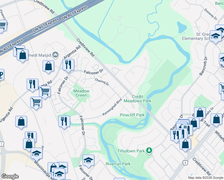 map of restaurants, bars, coffee shops, grocery stores, and more near 10 Charing Drive in Mississauga