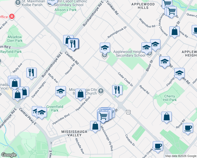 map of restaurants, bars, coffee shops, grocery stores, and more near 3485 Cawthra Road in Mississauga