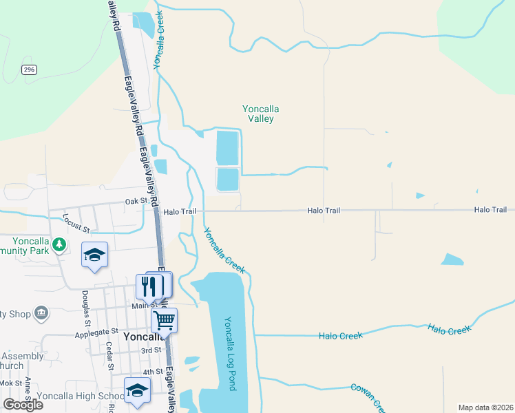 map of restaurants, bars, coffee shops, grocery stores, and more near 420 Halo Trail in Yoncalla